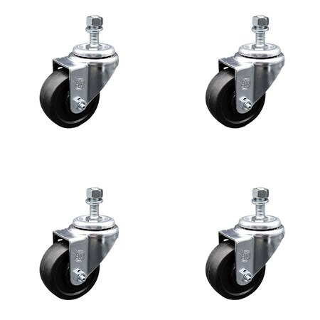 Service Caster 3 Inch SS Soft Rubber Wheel Swivel 3/8 Inch Threaded Stem Caster Set SCC SCC-SSTS20S314-SRS-381615-4